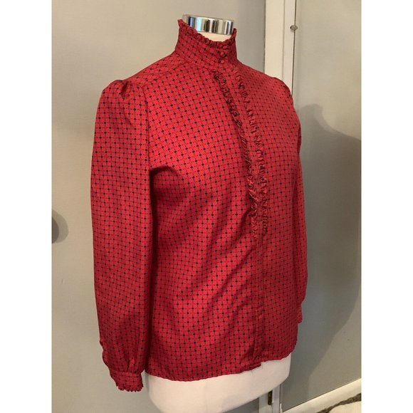 Vintage :: Red Polka Dot Secretary Blouse Size M Puffy Sleeve High Neck Ruffles - Picture 7 of 11